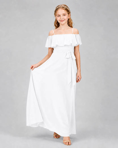 White chiffon off-shoulder junior bridesmaid dresses Front View