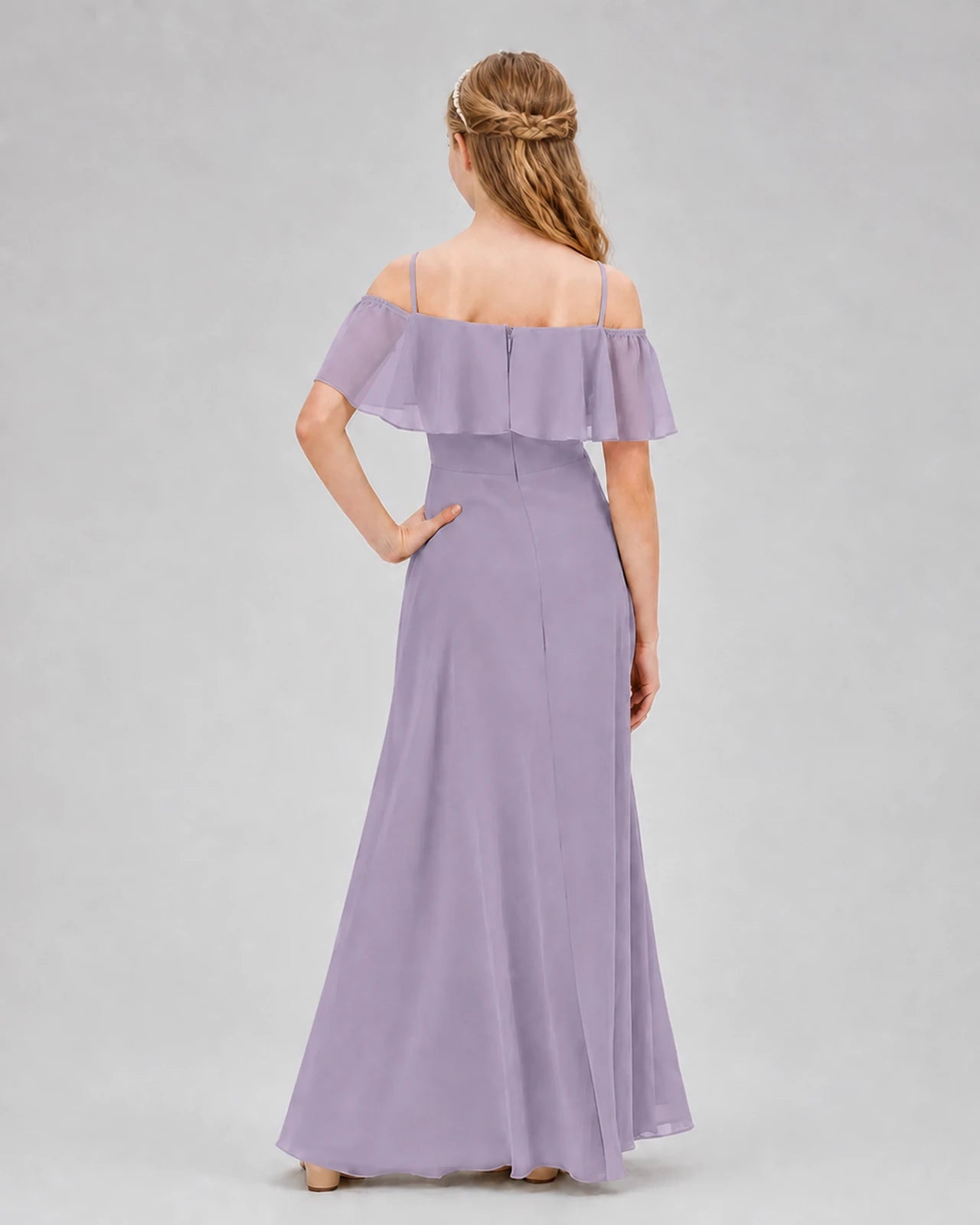 Wisteria Chiffon Off-the-Shoulder Junior Bridesmaid Dresses Back View
