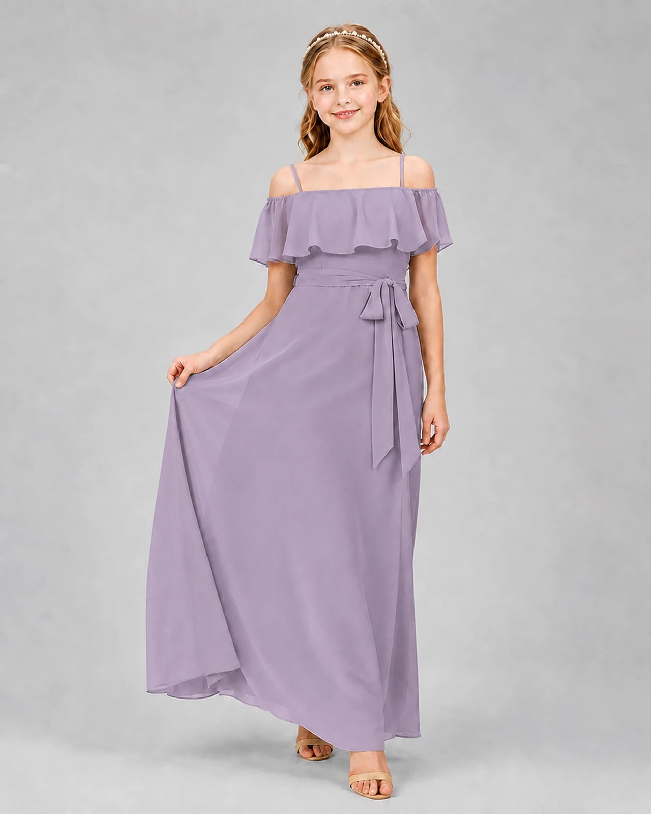 Wisteria chiffon off-the-shoulder junior bridesmaid dress Front View