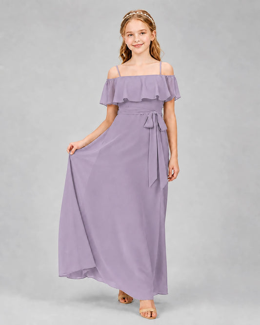 Wisteria chiffon off-the-shoulder junior bridesmaid dress Front View