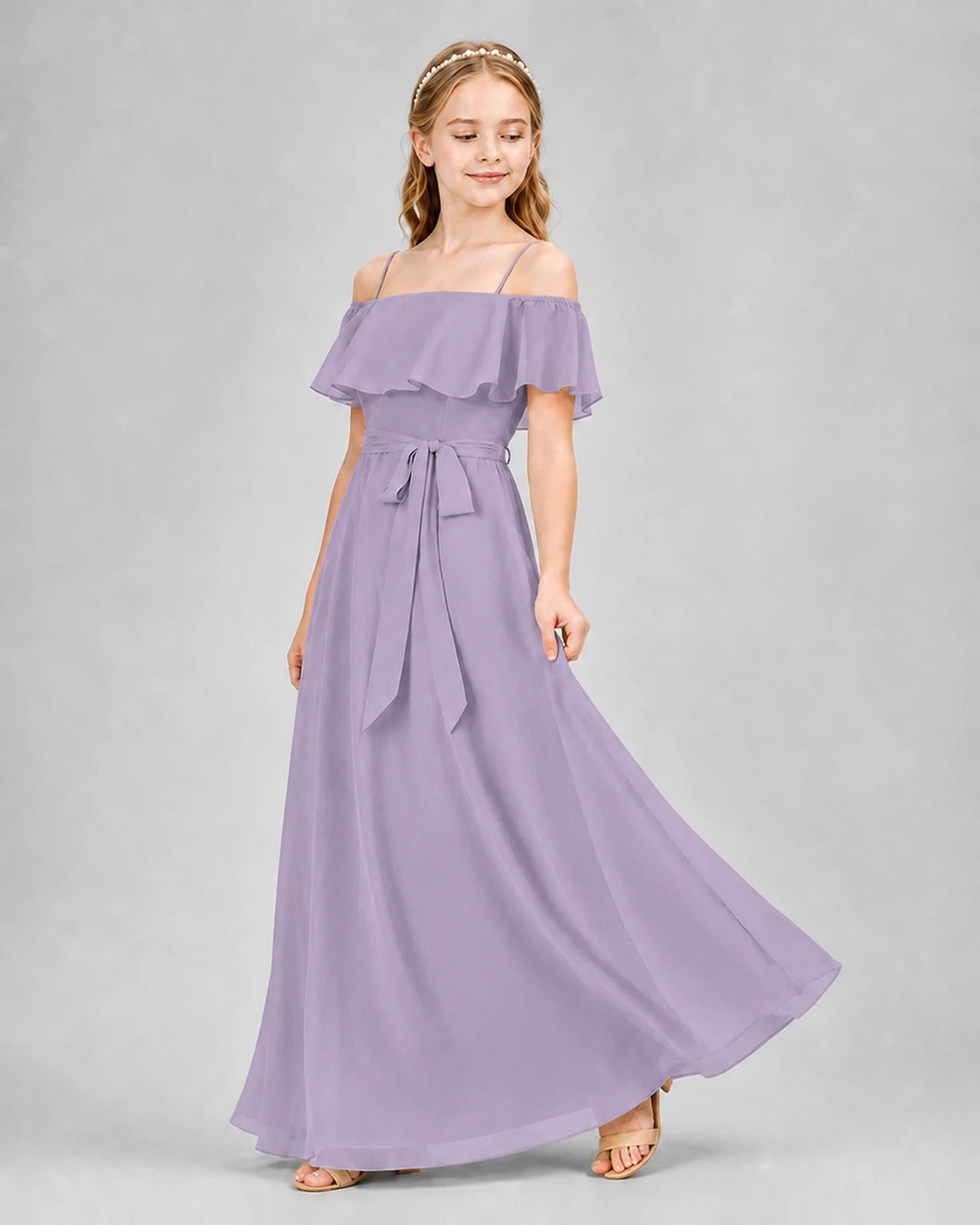 Wisteria Chiffon Off-the-Shoulder Junior Bridesmaid Dresses