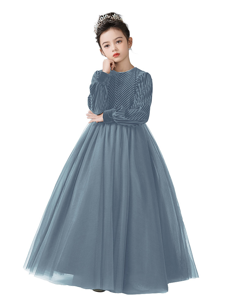Girls Velvet Flower Girl Dress Elegant Formal Dress Lantern Long Sleeves Girls Birthday Party Dress, Silver / 14 Girls Velvet Flower Girl Dress Elegant Formal Dress Lantern Long Sleeves Girls Birthday Party Dress, Silver / 14