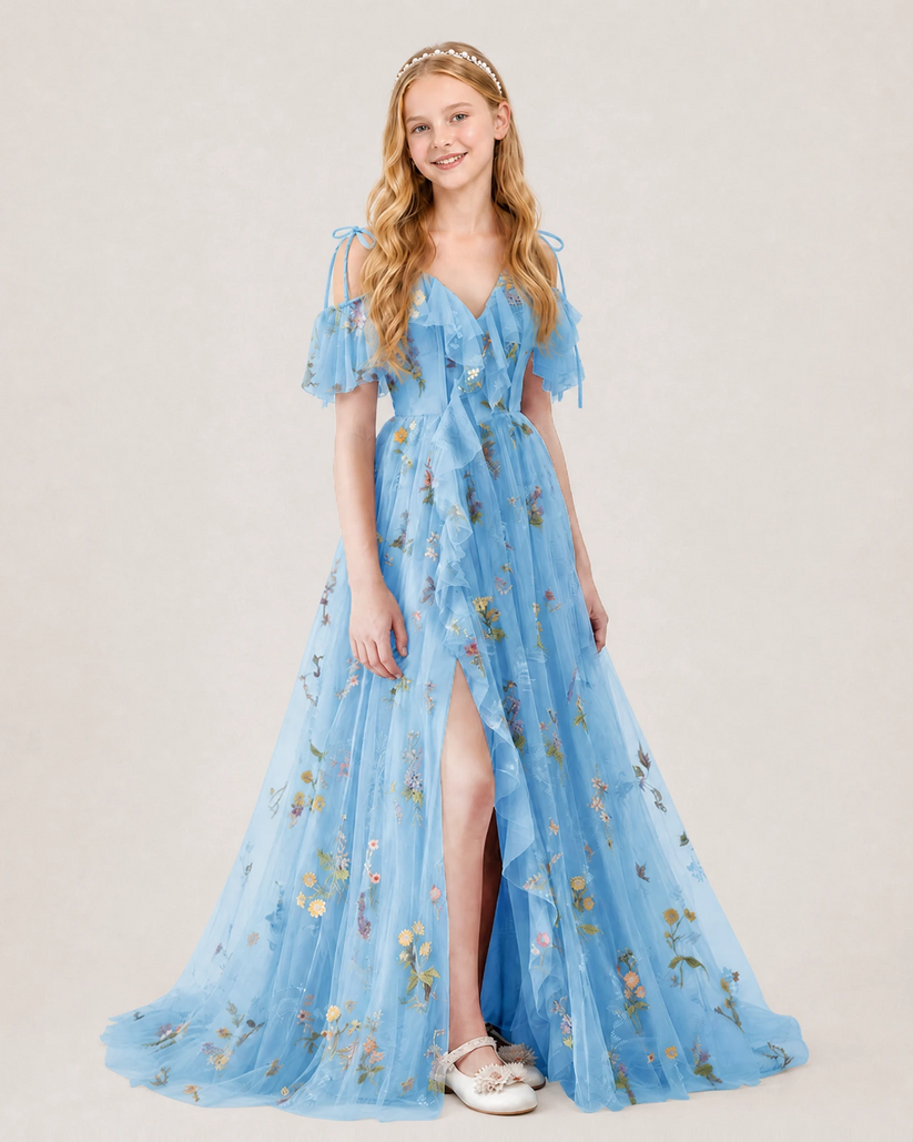 Baby Blue Light Blue Tulle A-line Girls Formal Dress Front View