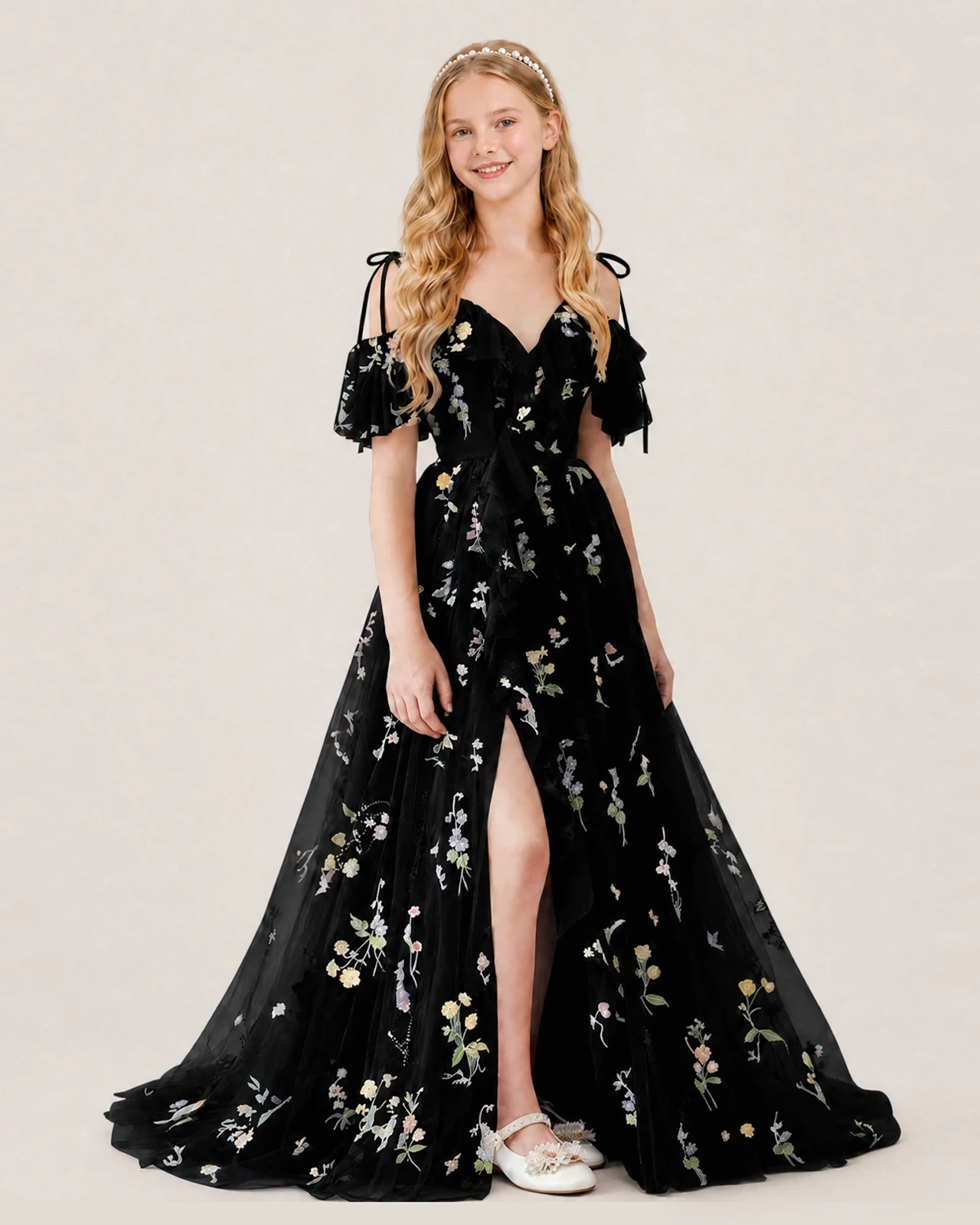 Black Embroidery Tulle Formal Dress Front View