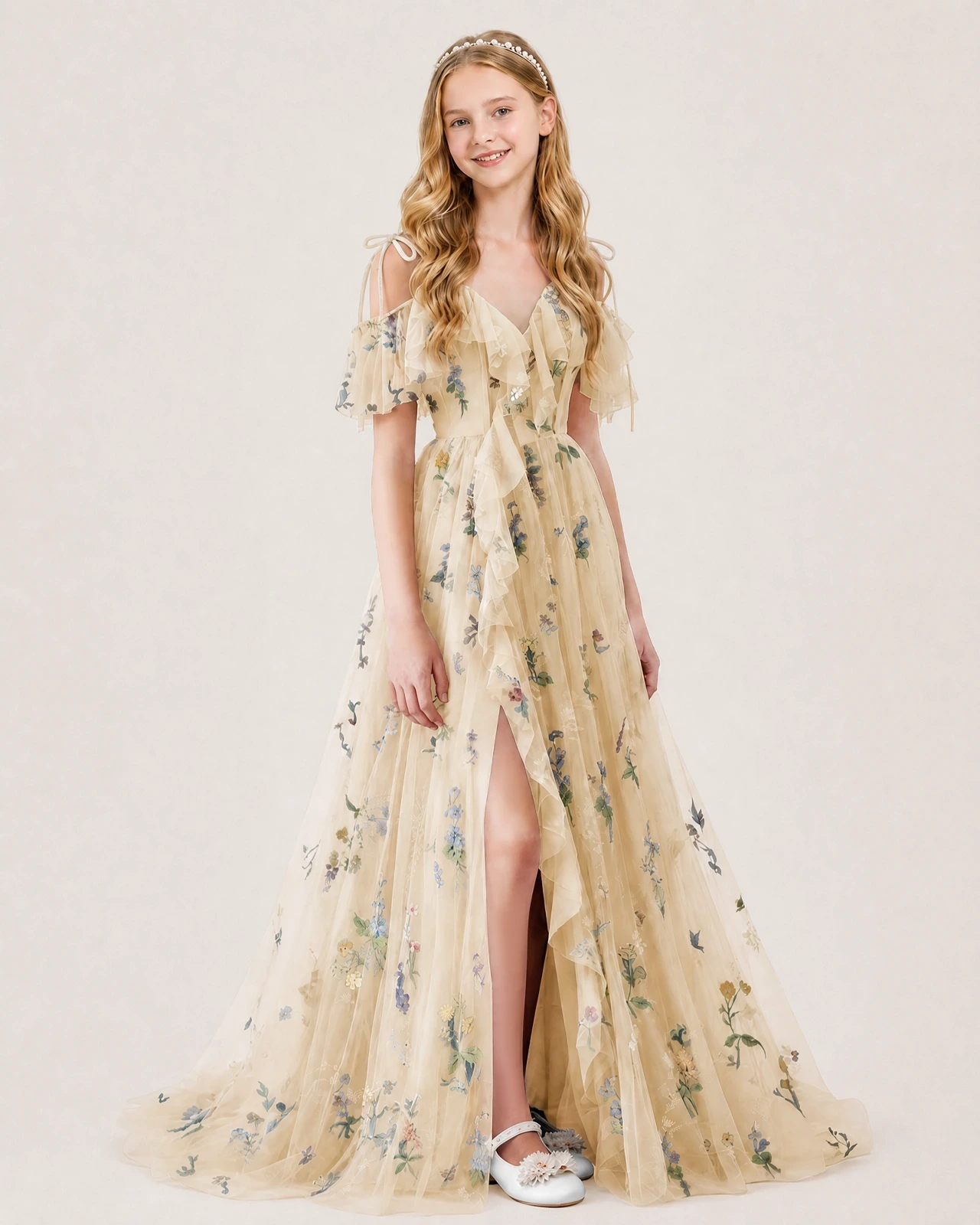 Champagne Embroidery Tulle Formal Dress Front View