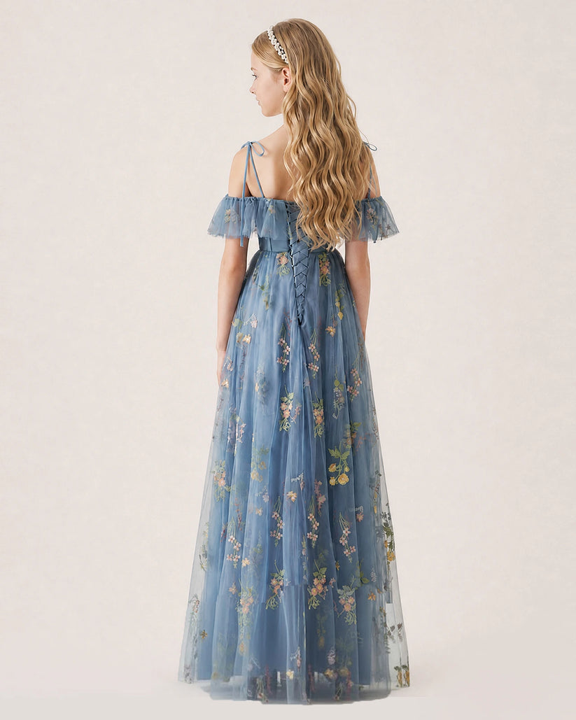 Dusty Blue Tulle A-line Girls Formal Dress Back View