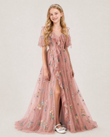 Dusty Rose Tulle A-line Girls Formal Dress Front View