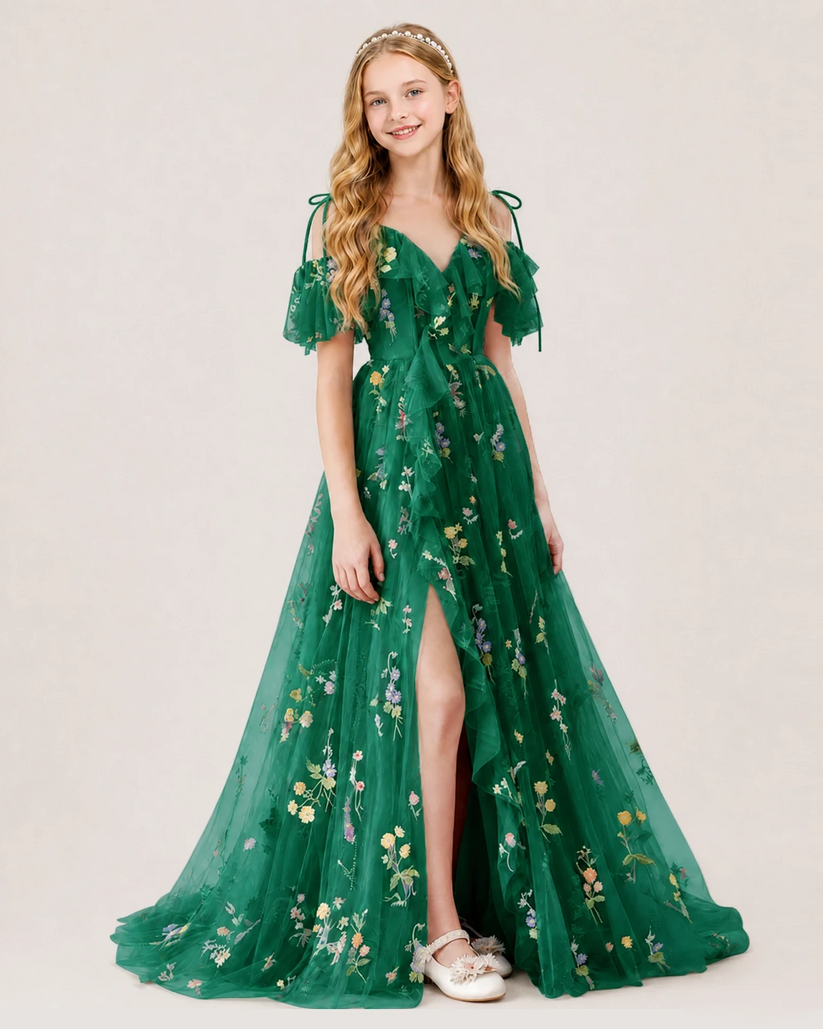 Emerald Green Tulle A-line Girls Formal Dress Front View