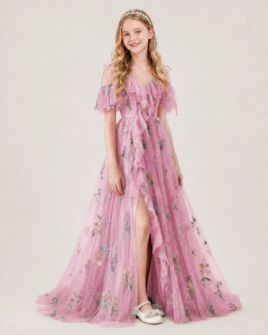 Pink Tulle A-line Girls Formal Dress Front View