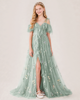 Sage Green Tulle A-line Girls Formal Dress Front View