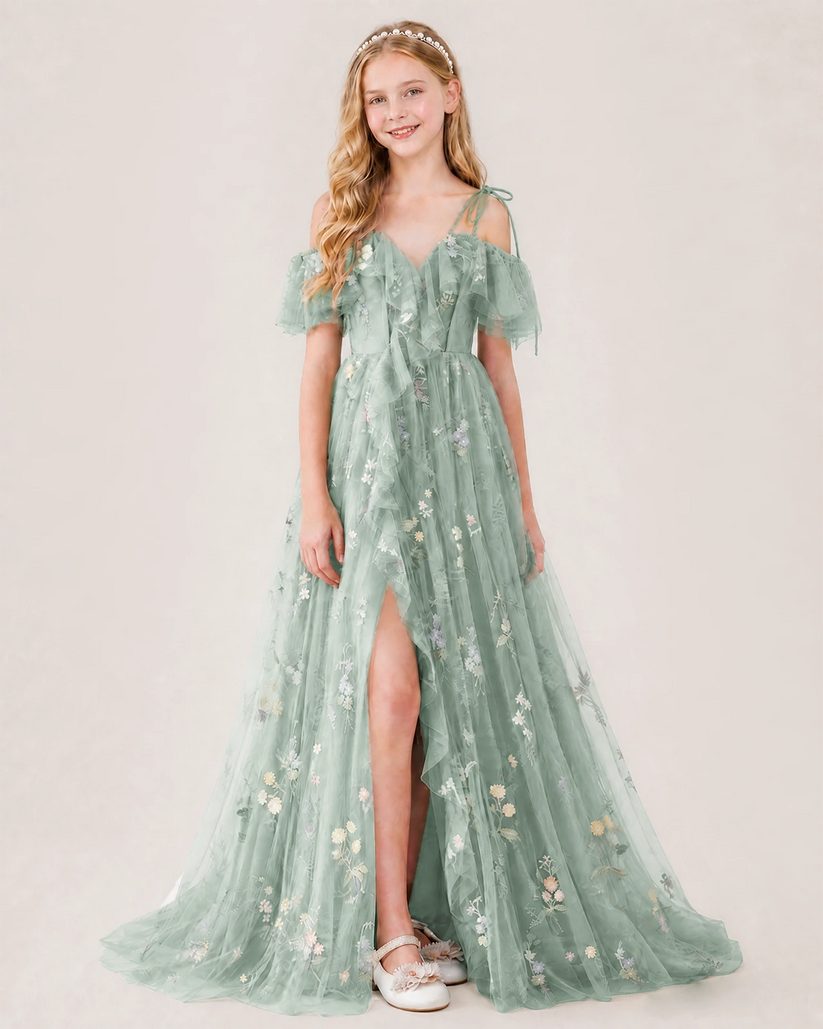 Sage Green Tulle A-line Girls Formal Dress Front View