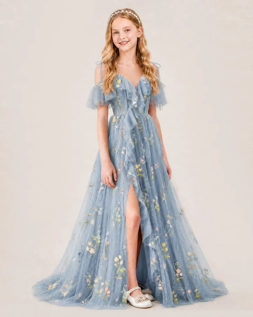 Sky Blue Tulle A-line Girls Formal Dress Front View