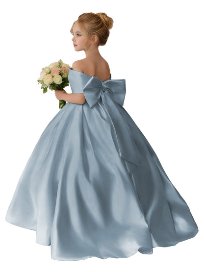 Dideyttawl Satin Flower Girl Dress A Line Off Shoulder Formal Ball Gown Bow Back