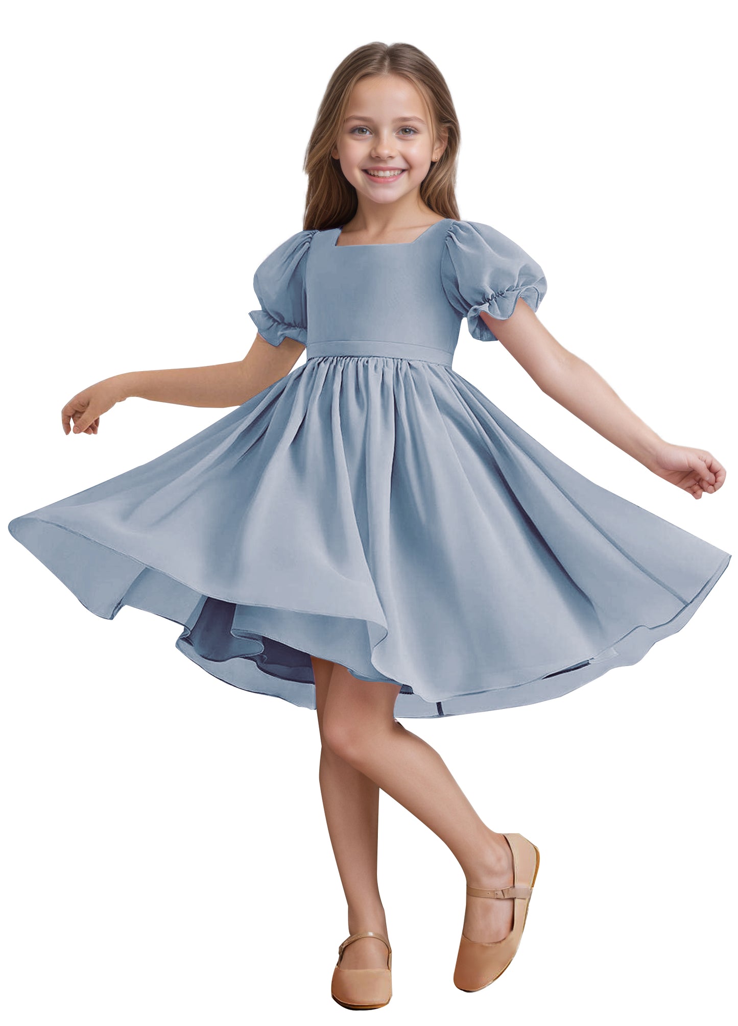 Chiffon Short Sleeves Flower Girl Dresses Knee Length Junior Bridesmaid Dresses for 4-16 650C