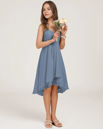 Side Dusty Blue Chiffon Junior Bridesmaid Dress