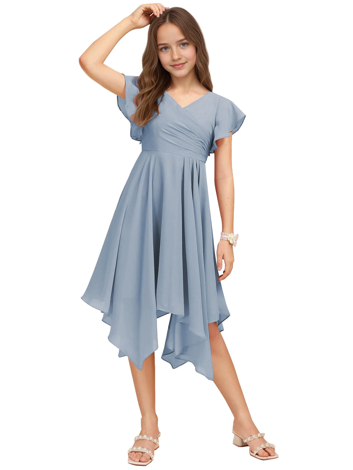 Dideyttawl Dusty Rose Junior Bridesmaid Chiffon Flutter Sleeve A-Line Dress