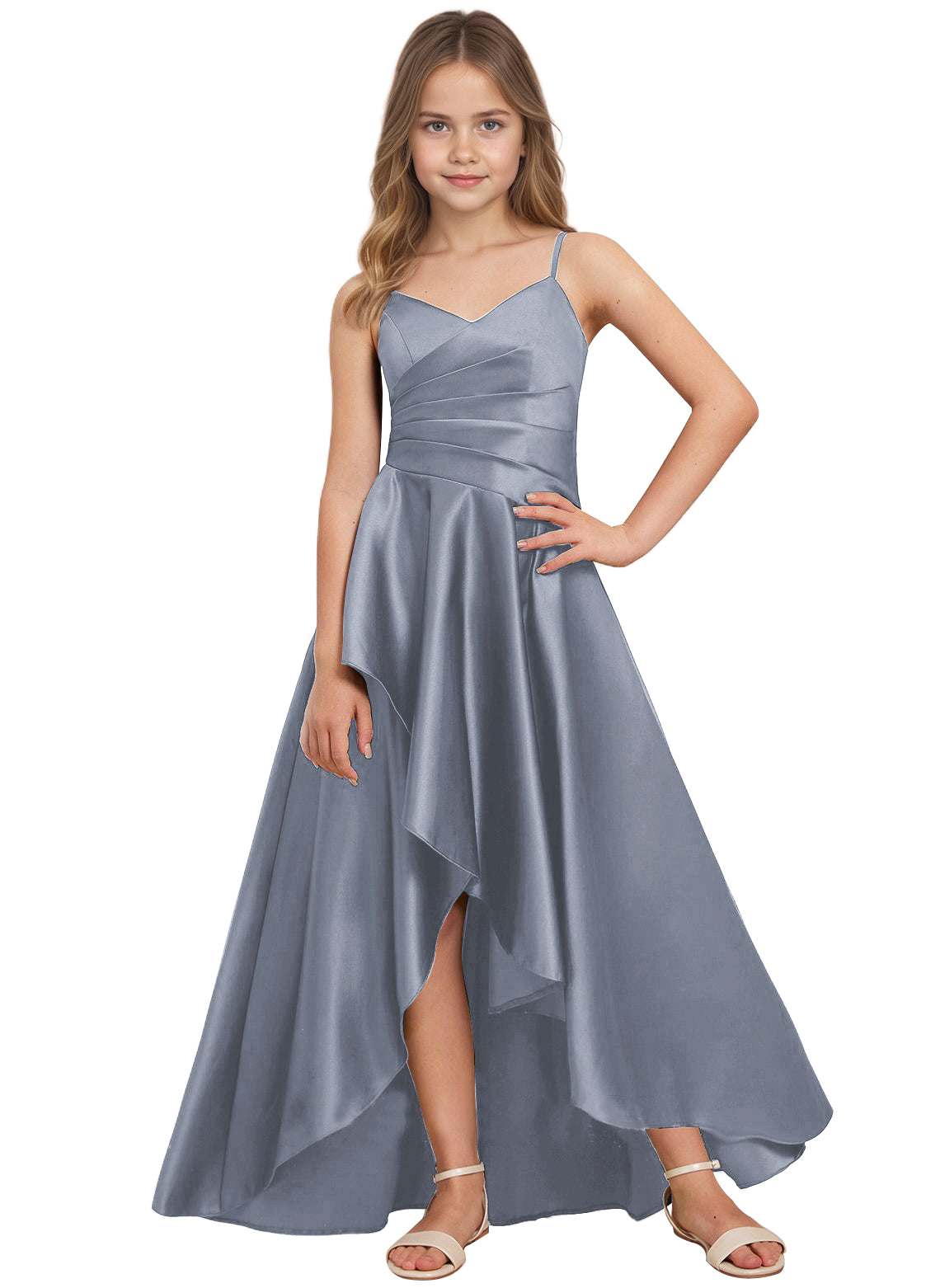 dideyttawl High Low Junior Bridesmaid Dress V-Neck Silk Satin Flower Girl Dress Sleeveless Formal Special Occasion Dress for Wedding 2523