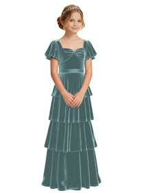 Dideyttawl Burgundy Velvet Girls Formal Dress Puff Sleeve Tiered Ruffle Formal Dress