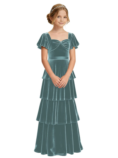 Dideyttawl Burgundy Velvet Junior Bridesmaid Dress Puff Sleeve Tiered Ruffle Formal Dress