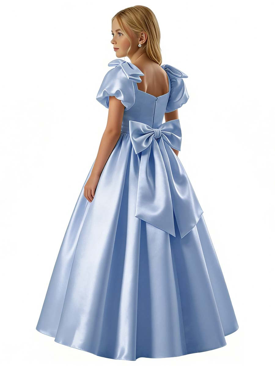 dideyttawl 2026 Satin Flower Girl Dress A Line Big Bow Long Prom Princess Ball Gown Puff Sleeves Junior Bridesmaid Dress 2773