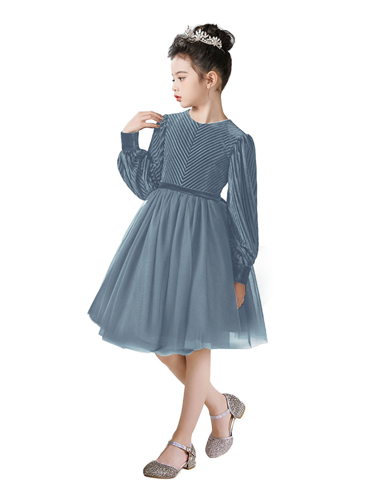 2025 Spring Girls Short Velvet Flower Girl Dress Elegant Formal Dress Lantern Long Sleeves Girls Birthday Party Dress, Dusty Blue / 16 2025 Spring Girls Short Velvet Flower Girl Dress Elegant Formal Dress Lantern Long Sleeves Girls Birthday Party Dress, Dusty Blue / 16