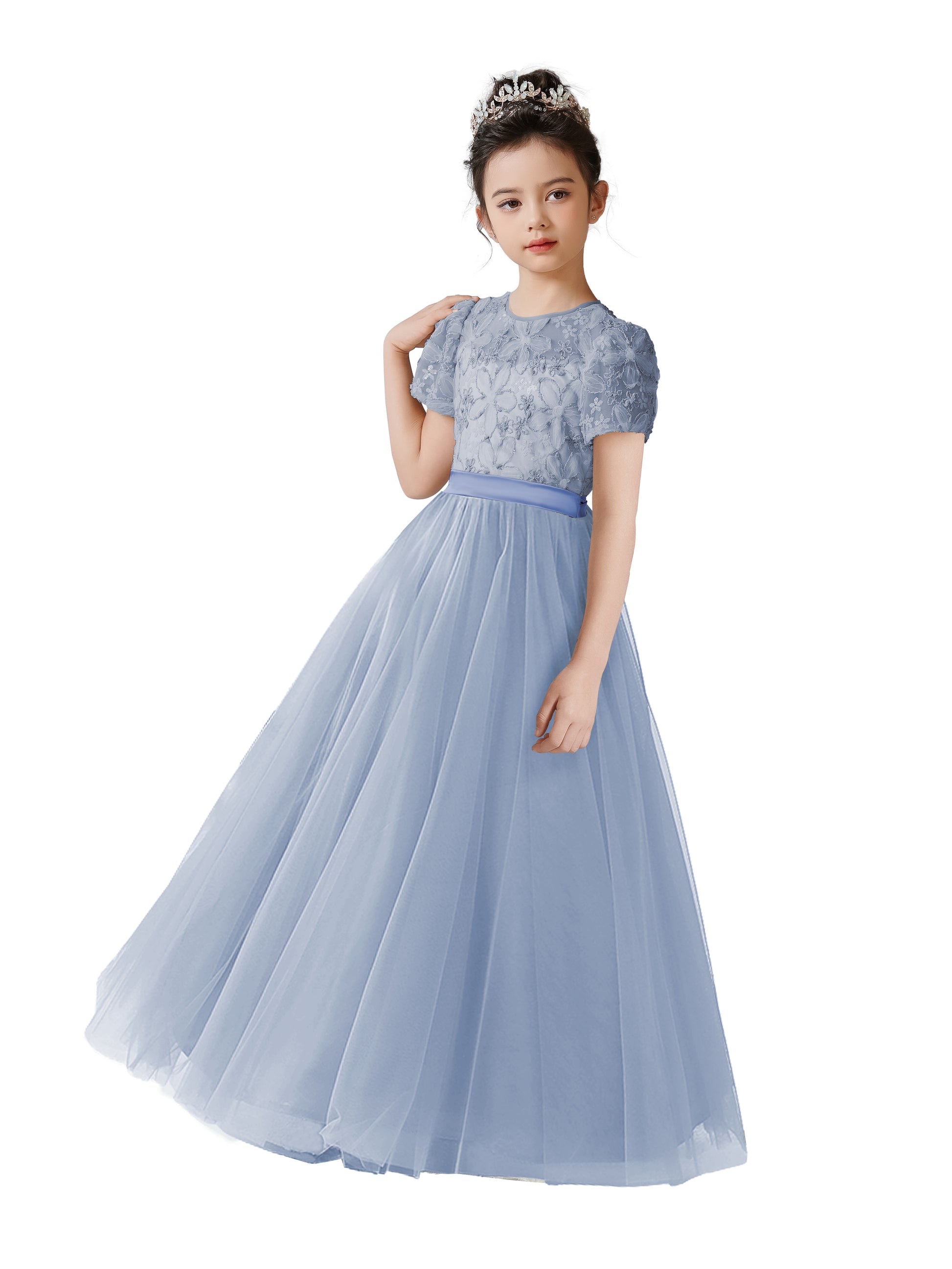 Dideyttawl 3D Flowers Embroidery Lace Appliqued Puff Tulle Wedding Guest Dress for Girls Tulle Puffy Sleeves Girls Birthday Party Dress, Dusty Blue / Dideyttawl 3D Flowers Embroidery Lace Appliqued Puff Tulle Wedding Guest Dress for Girls Tulle Puffy Sleeves Girls Birthday Party Dress, Dusty Blue /