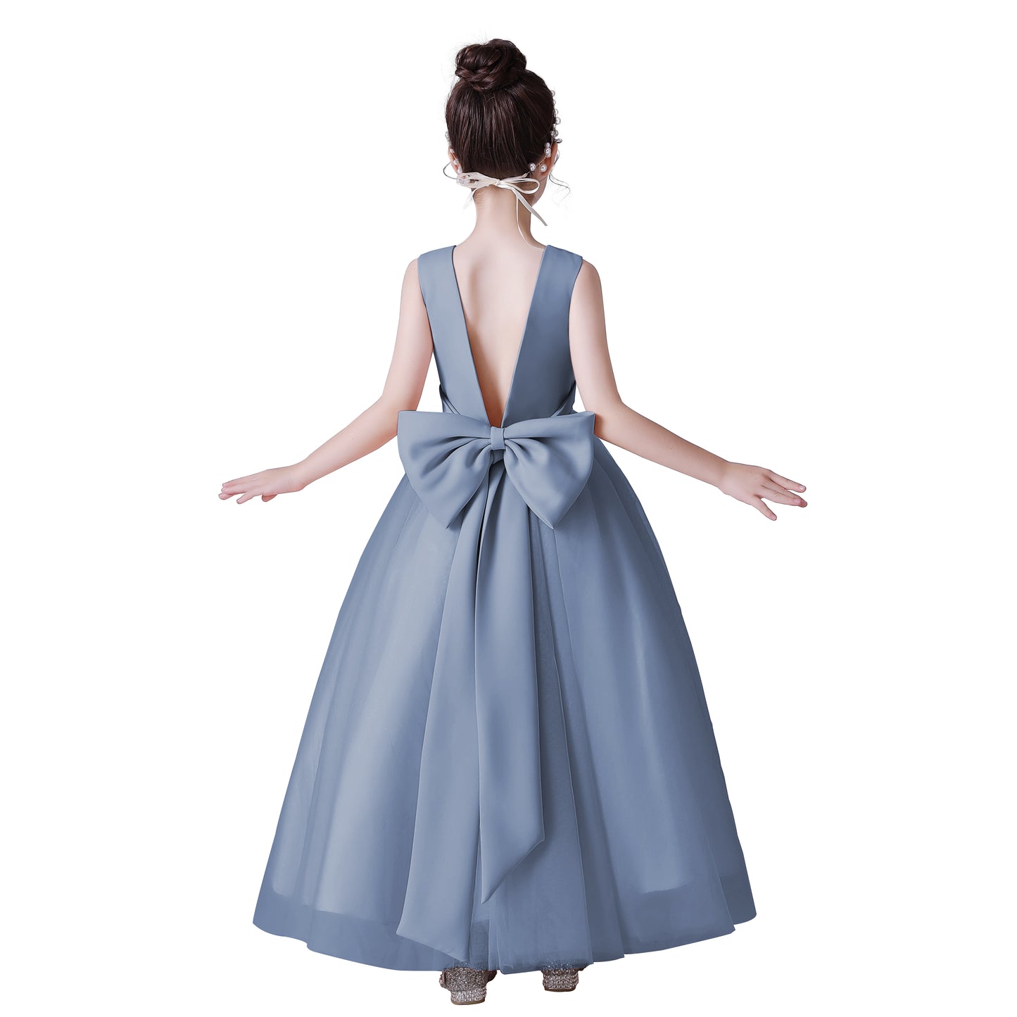 Dideyttawl Big Bow V-Back Satin Tulle Flower Girl Dress with Pearls Puffy Princess Ball Gown