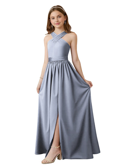 dideyttawl Junior Bridesmaid Dresses for Teen Girls Satin Halter A-Line Flower Girl Dress for Wedding 2531