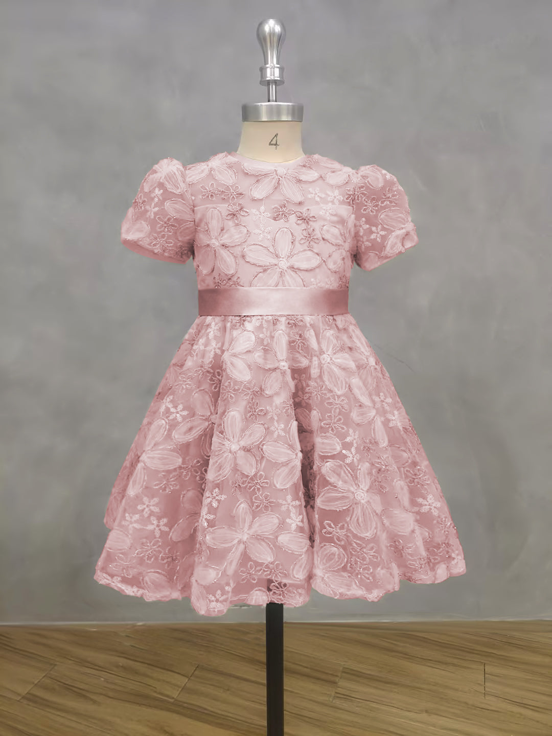 2025 Spring 3D Flowers Embroidery Lace Appliqued Puff Tulle Short Wedding Guest Dress for Girls Puffy Sleeves Girls Birthday Party Dress