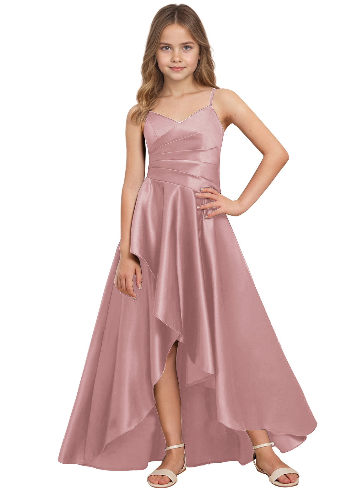 dideyttawl High Low Junior Bridesmaid Dress V-Neck Silk Satin Flower Girl Dress Sleeveless Formal Special Occasion Dress for Wedding 2523