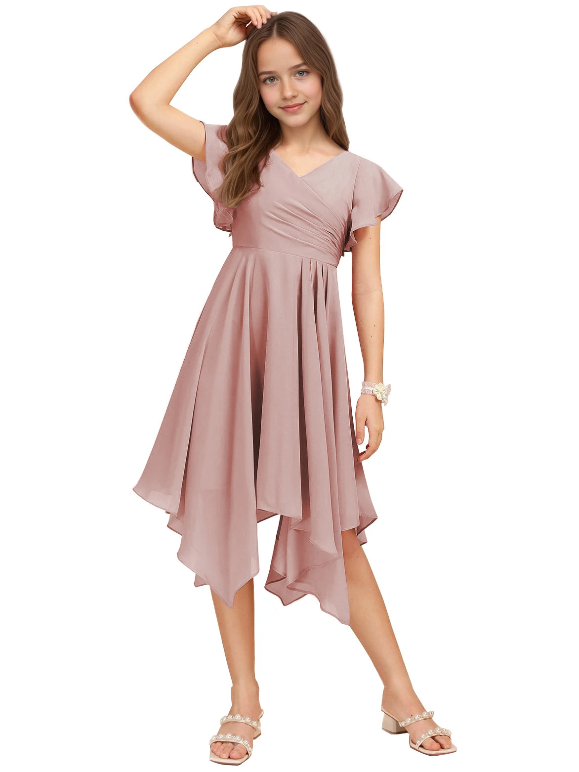Dideyttawl Dusty Rose Junior Bridesmaid Chiffon Flutter Sleeve A-Line Dress