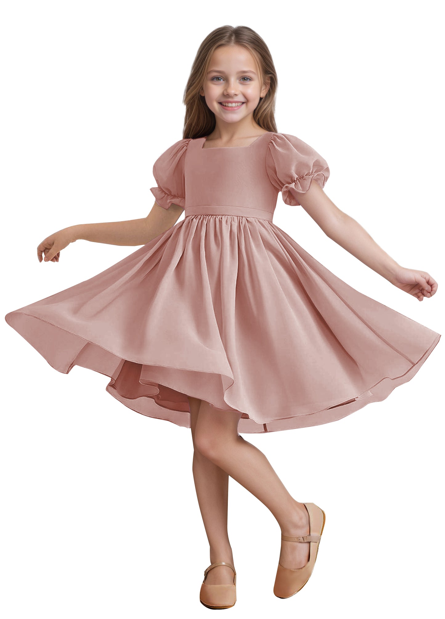 Chiffon Short Sleeves Flower Girl Dresses Knee Length Junior Bridesmaid Dresses for 4-16 650C