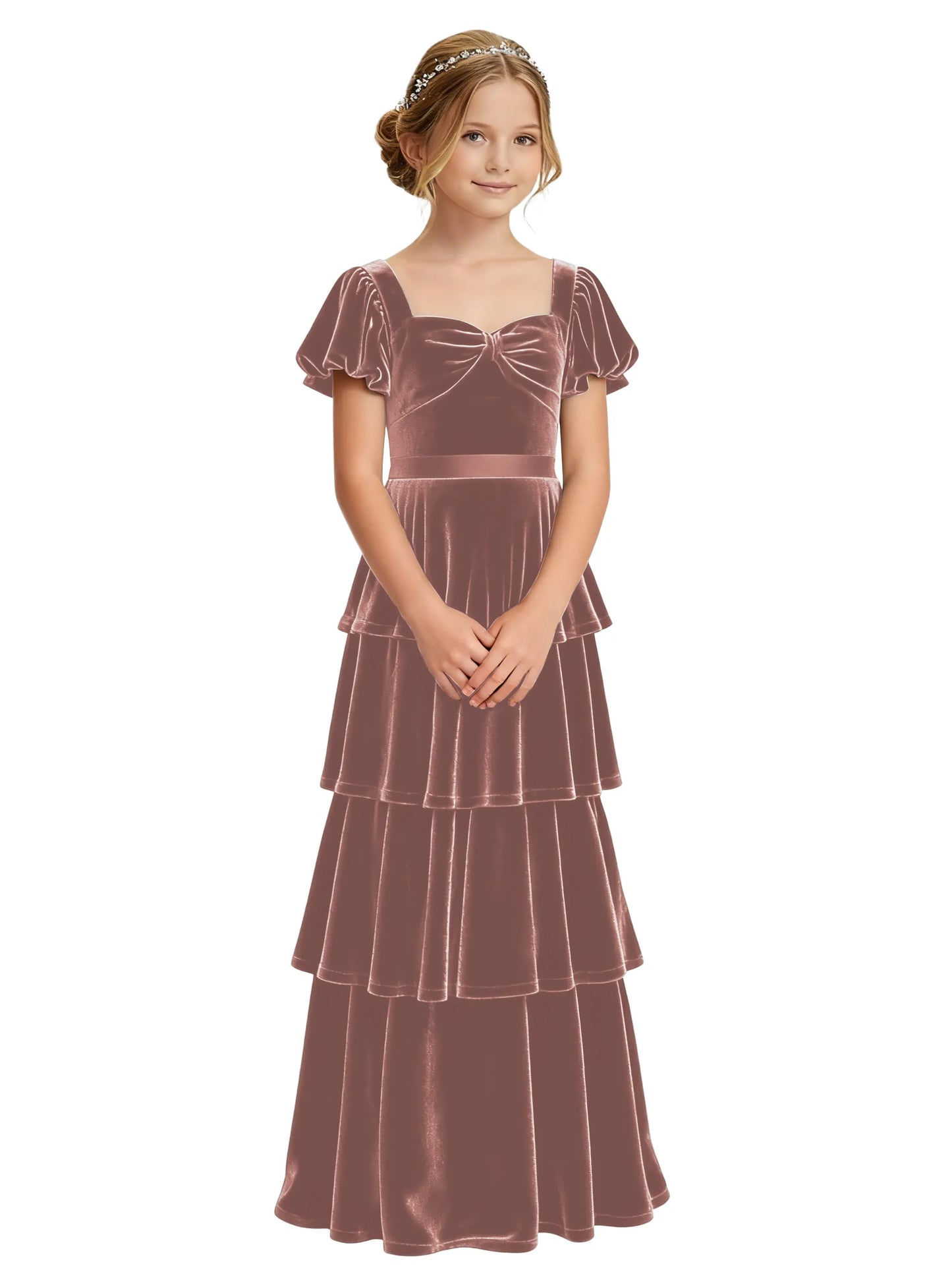Dideyttawl Burgundy Velvet Junior Bridesmaid Dress Puff Sleeve Tiered Ruffle Formal Dress