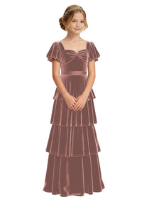 Dideyttawl Burgundy Velvet Girls Formal Dress Puff Sleeve Tiered Ruffle Formal Dress