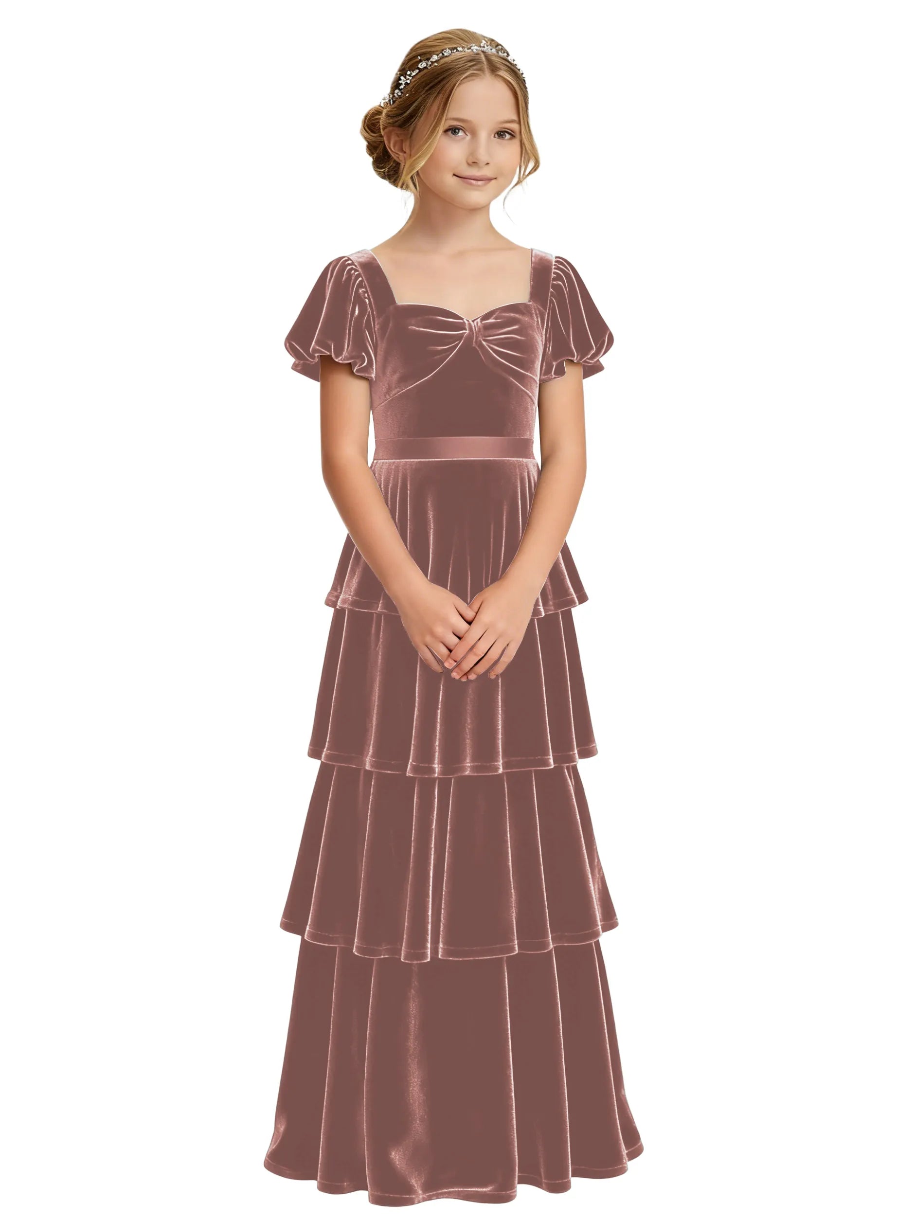 Dideyttawl Burgundy Velvet Girls Formal Dress Puff Sleeve Tiered Ruffle Formal Dress