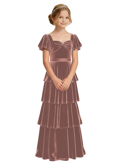 Dideyttawl Burgundy Velvet Junior Bridesmaid Dress Puff Sleeve Tiered Ruffle Formal Dress