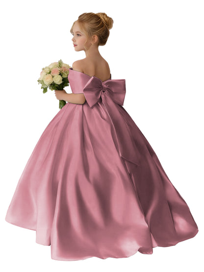 Dideyttawl Satin Flower Girl Dress A Line Off Shoulder Formal Ball Gown Bow Back