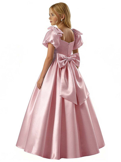 dideyttawl 2026 Satin Flower Girl Dress A Line Big Bow Long Prom Princess Ball Gown Puff Sleeves Junior Bridesmaid Dress 2773