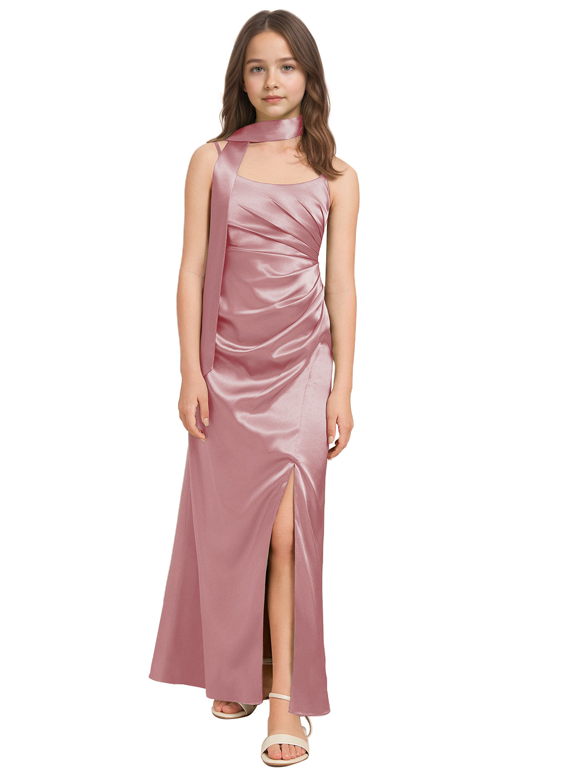 dideyttawl Satin Junior Bridesmaid Dress with Scarf for Girls 4-16 Silk Flower Girl Dress 2527