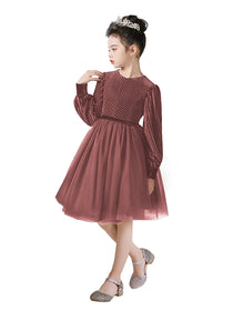 Dideyttawl Spring Girls Short Velvet Girls Formal Dress Elegant Formal Dress Lantern Long Sleeves Girls Birthday Party Dress