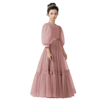 Dideyttawl Girls Dusty Blue Princess Dress Long Sleeve Tulle Ball Gown for Wedding Party