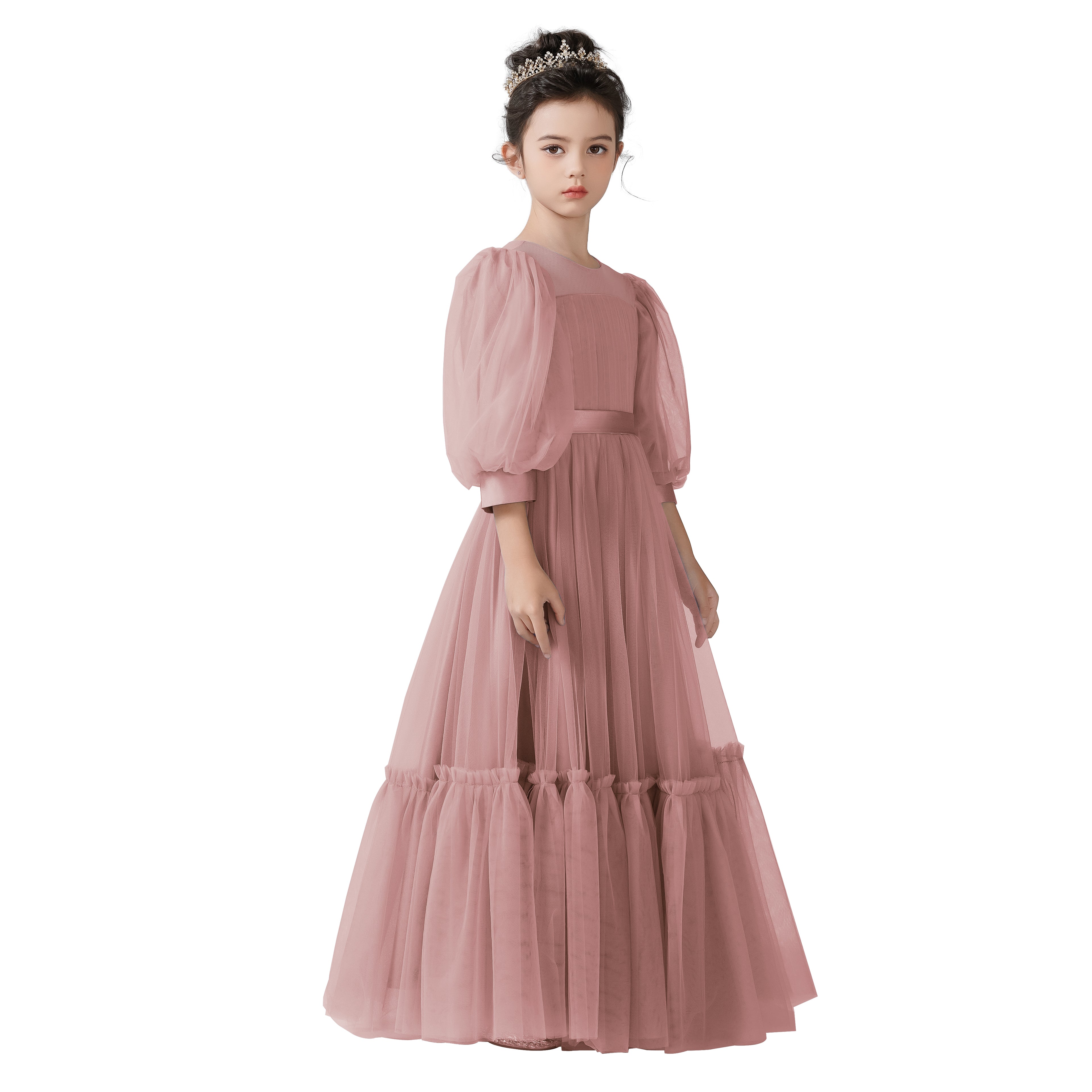 Dideyttawl Girls Dusty Blue Princess Dress Long Sleeve Tulle Ball Gown for Wedding Party