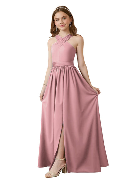 dideyttawl Junior Bridesmaid Dresses for Teen Girls Satin Halter A-Line Flower Girl Dress for Wedding 2531