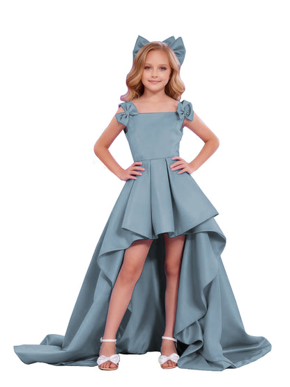 dideyttawl High-Low Junior Bridesmaid Dresses for Girls Pleated Satin A-Line Bow Straps Pageant Formal Party Dress 2536