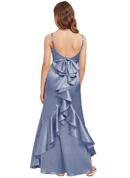 dideyttawl Mermaid Junior Bridesmaid Dress with Slit V-Neck Ruffles Bow Stretch Satin Flower Girl Dress Sleeveless Formal Special Occasion Dress for Wedding 2522