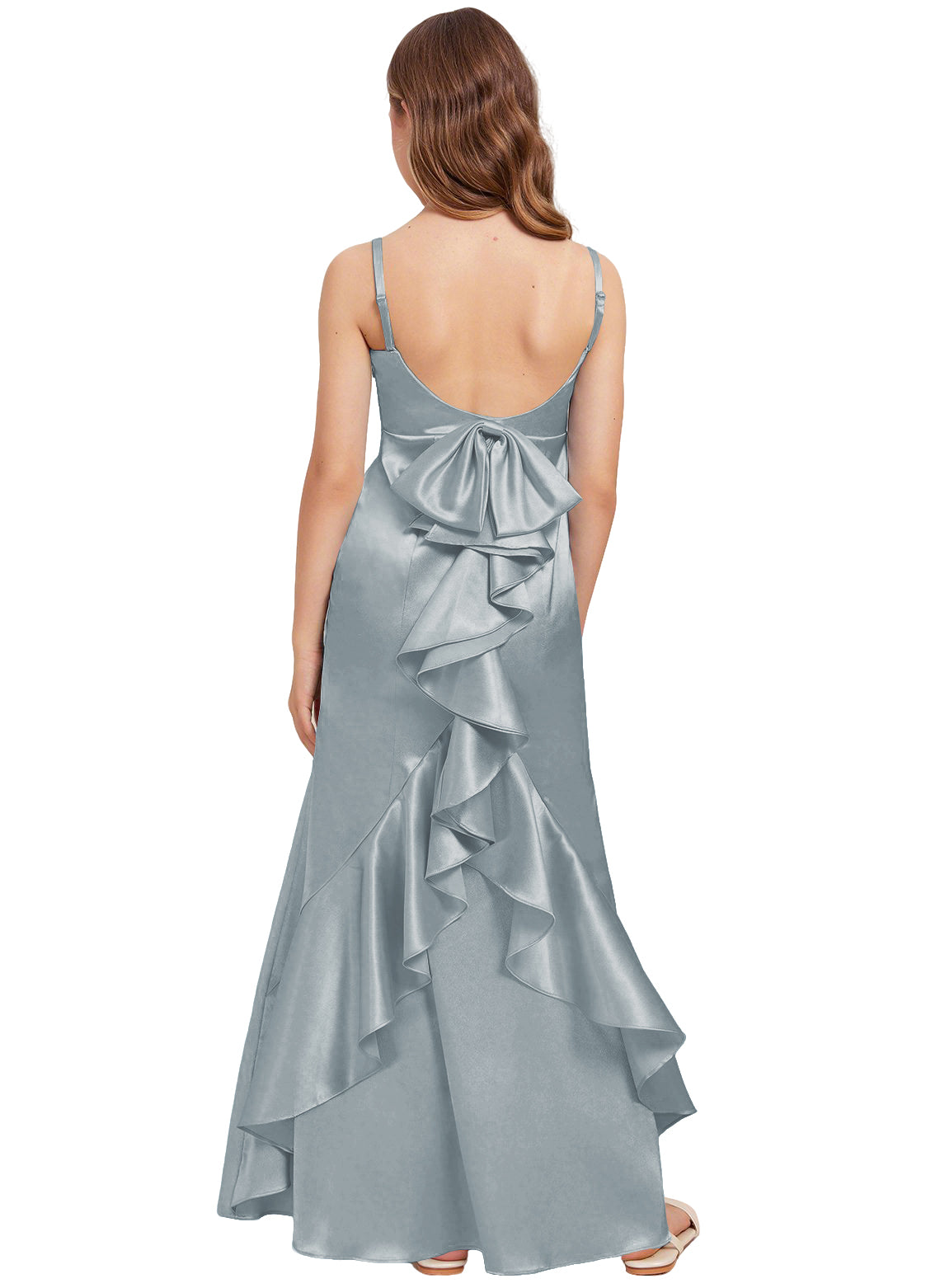 dideyttawl Mermaid Junior Bridesmaid Dress with Slit V-Neck Ruffles Bow Stretch Satin Flower Girl Dress Sleeveless Formal Special Occasion Dress for Wedding 2522