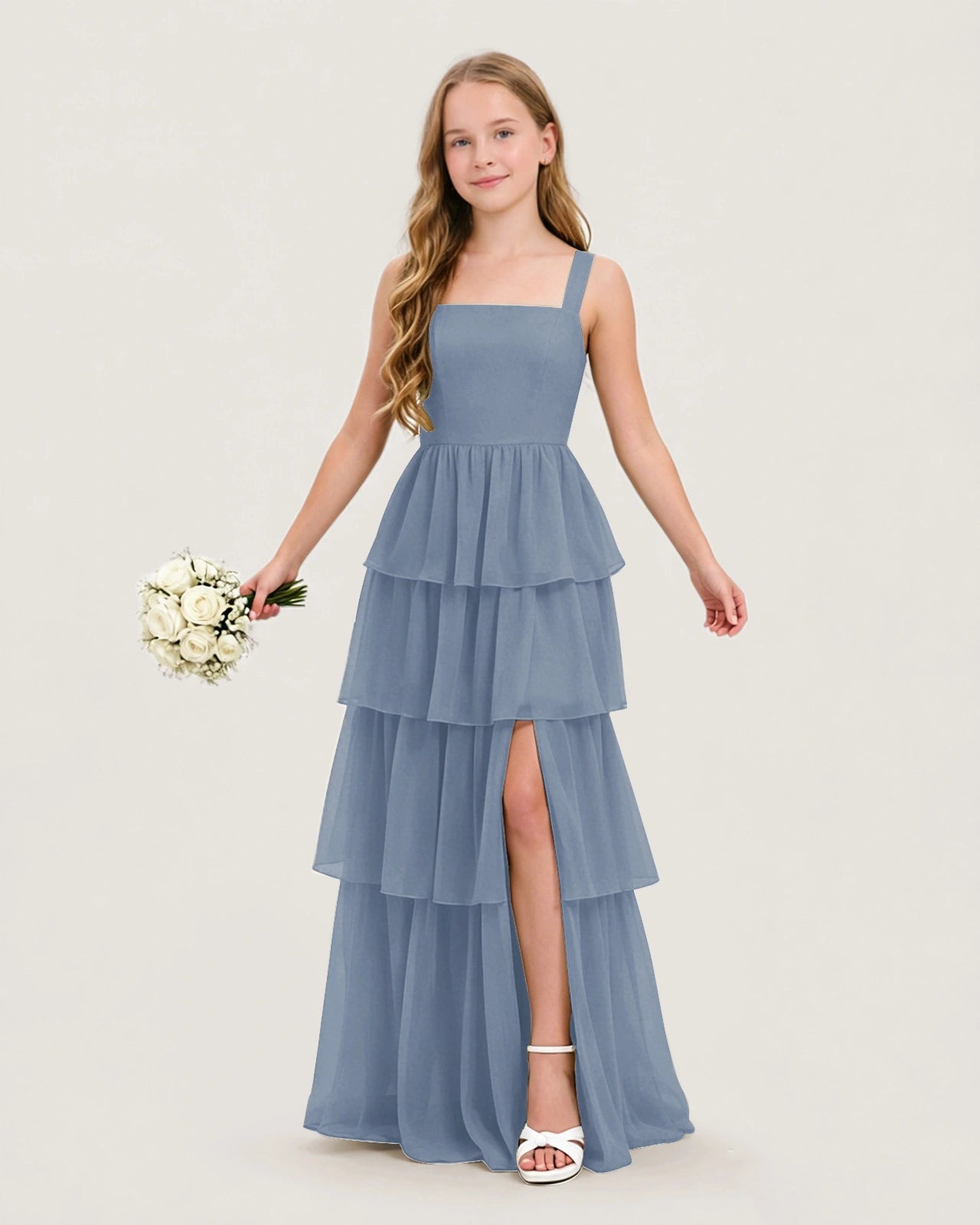 Dusty Blue Front Chiffon Junior Bridesmaid Dresses