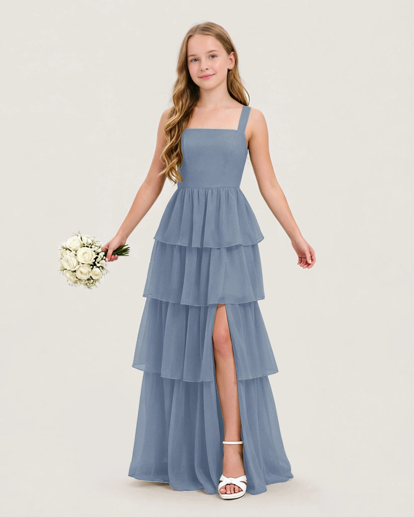 Dusty Blue Chiffon A-line Junior Bridesmaid Dress Front View
