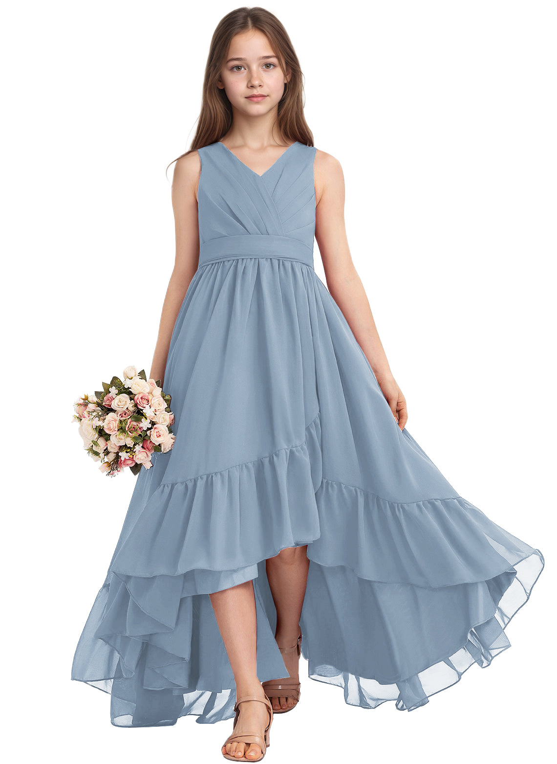 dideyttawl A-Line High Low Flower Girls Dress Long V-Neck Junior Bridesmaid Dresses for Teens Pleated Chiffon 2511