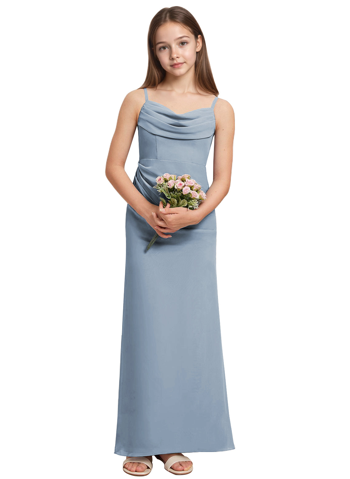 dideyttawl Long Sheathe Junior Bridesmaid Dresses for Girls Chiffon A-Line Ruched Cowl Neck Wedding Flower Girls Dress 2512